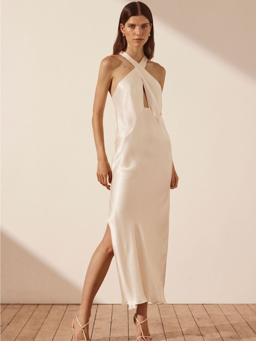 Sleeveless Cream Cross-Front Satin Midi Dress
